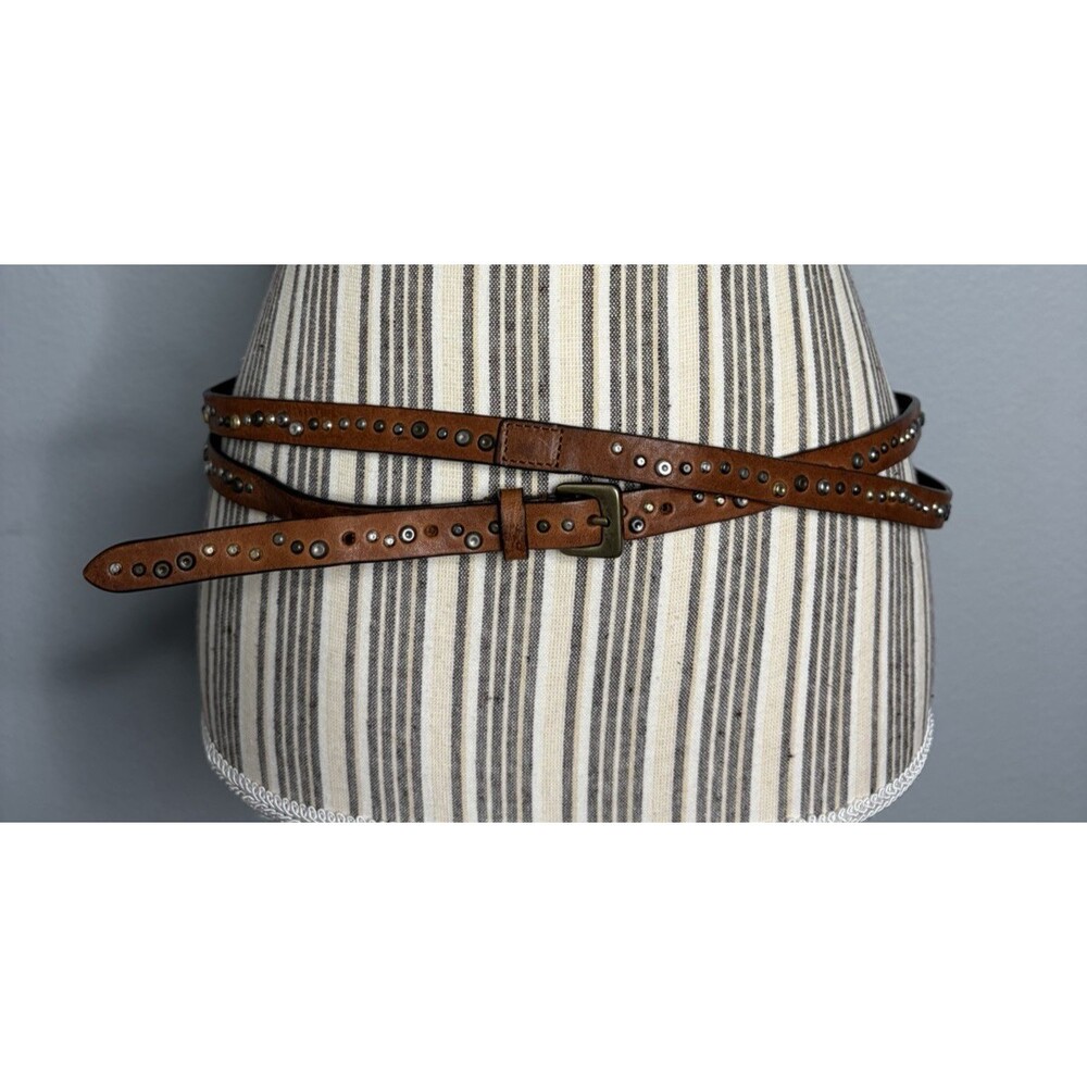 Sundance Women's Medium Double loop Skinny Studded Belt Brown Genuine Leather